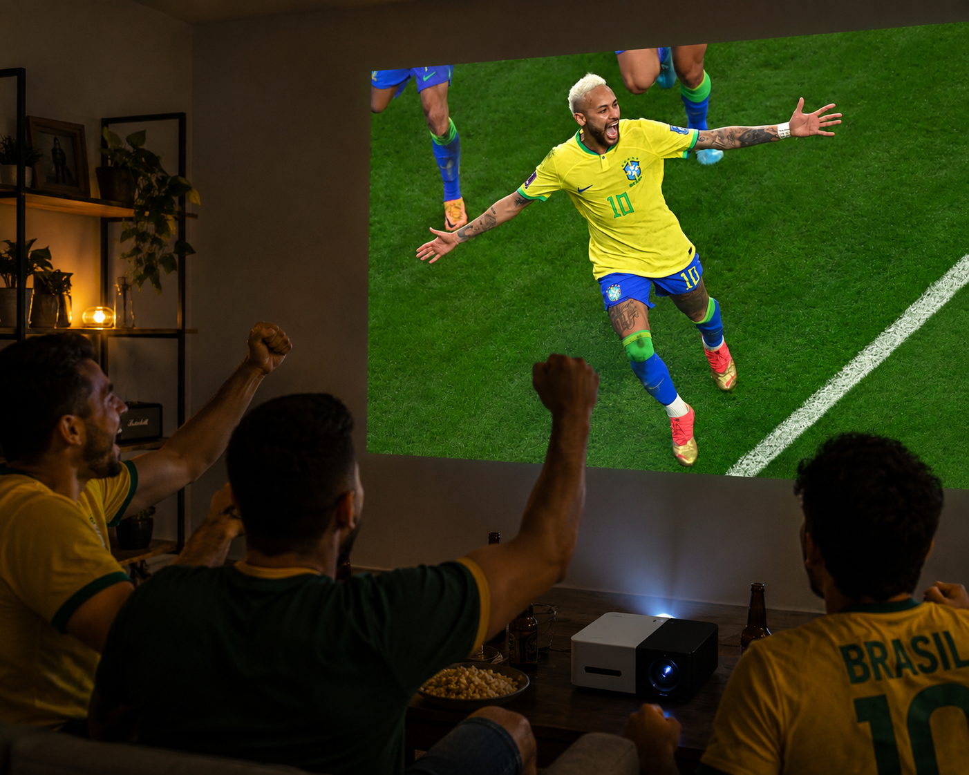 Família assistindo Copa com ArenaMax em projetor 4K